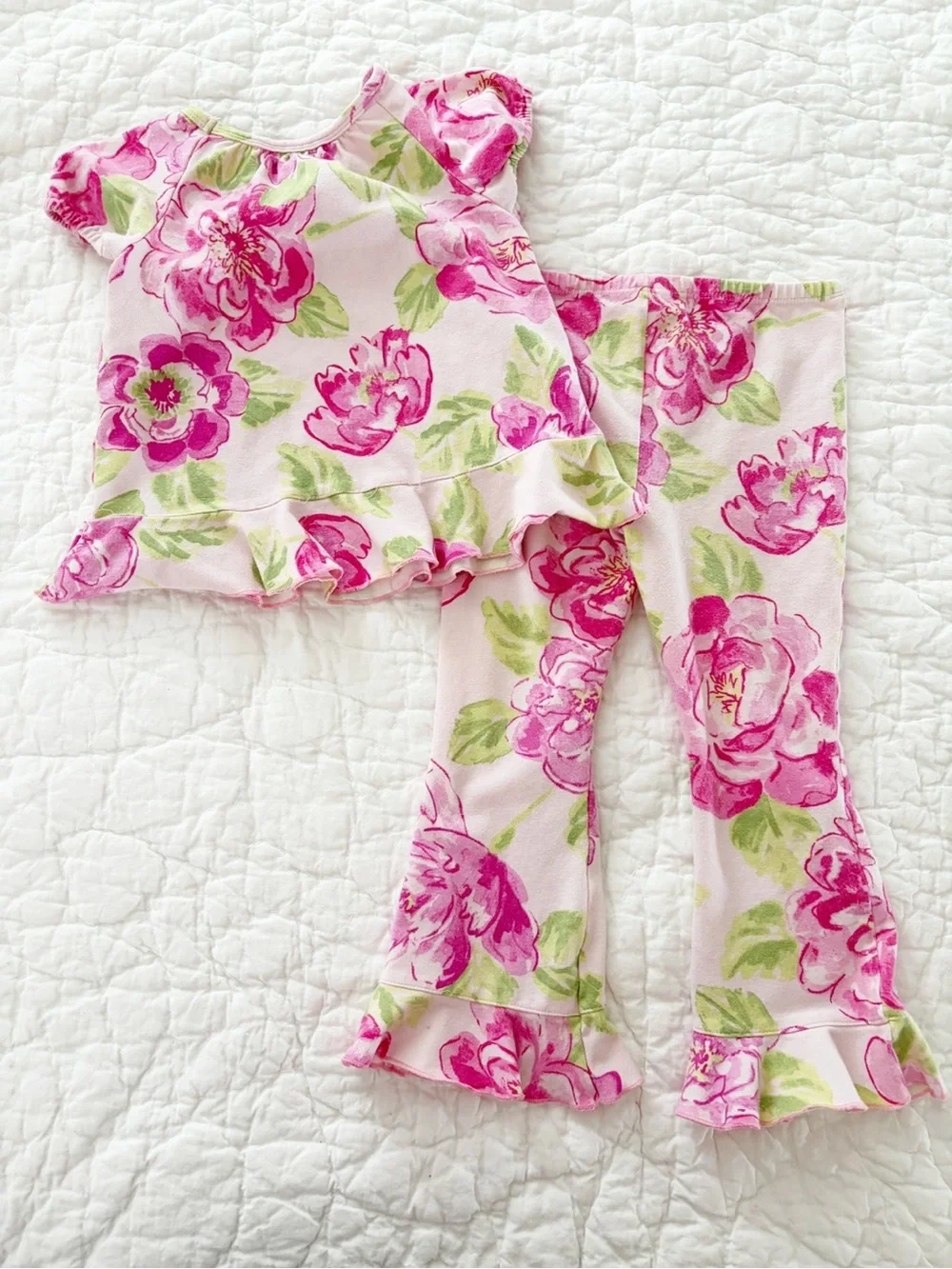 4T • Baby LuLu Floral Pink Ruffle Matching Set Flares and Tee